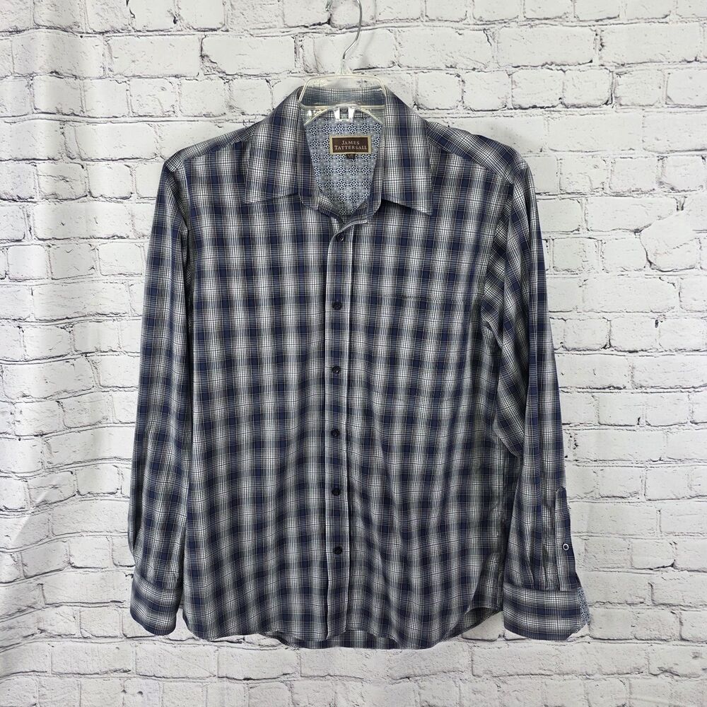James Tattersall Men's 16.5 (L) Blue Gingham Flip Cuff Long Sleeve Button Up